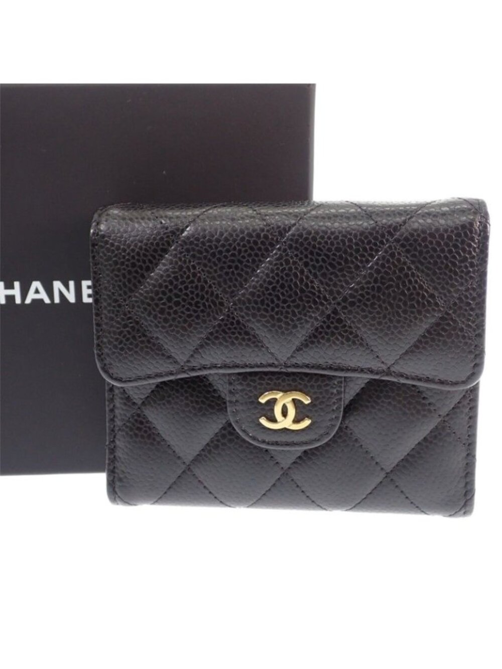 Chanel Classic Small Flap Wallet Trifold Caviar Leather Black Gold